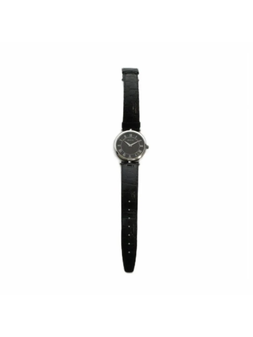 Gucci Watch Quartz Roman Black Dial Leather Strap Silver